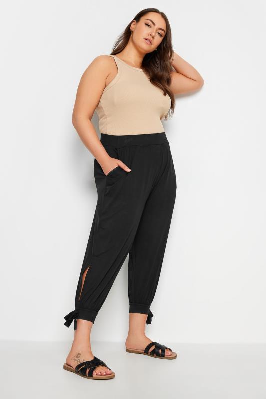 YOURS Plus Size Black Cropped Tie Detail Harem Trousers | Yours Clothing 2