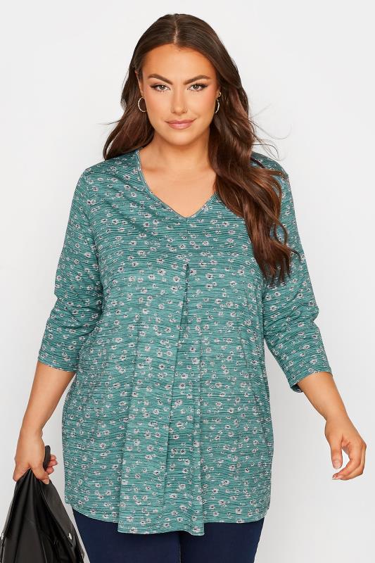 Plus Size Green Floral Stripe Pleat Front Top | Yours Clothing 1