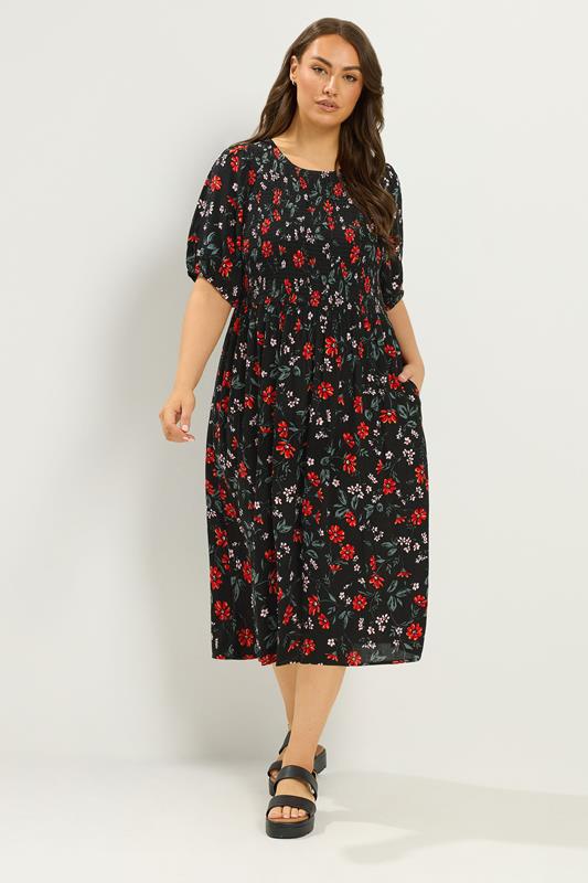 YOURS Plus Size Black Floral Puff Sleeve Shirred Dress  | Yours Clothing 1