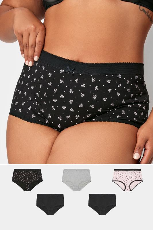 Plus Size  YOURS 5 PACK Curve Black & Pink Bow Print High Waisted Full Briefs