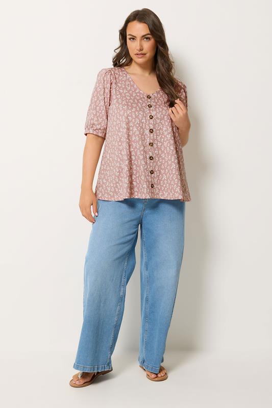 YOURS Plus Size Pink Floral Button Front Top | Yours Clothing 1