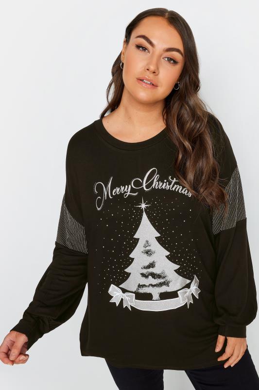 YOURS LUXURY Plus Size Black & Silver 'Merry Christmas' Soft Touch Sweatshirt | Yours Clothing 1