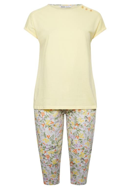 YOURS Plus Size Yellow Floral Print Cropped Pyjama Set | Yours Clothing 5
