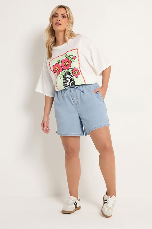 YOURS Plus Size Blue Tie Waist Denim Shorts | Yours Clothing 1
