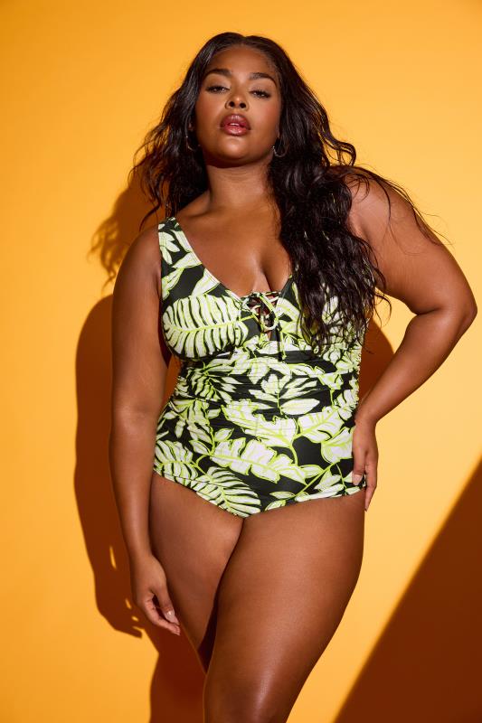YOURS Plus Size Black Leaf Print Plunge Tummy Control Swimsuit | Yours Clothing 1
