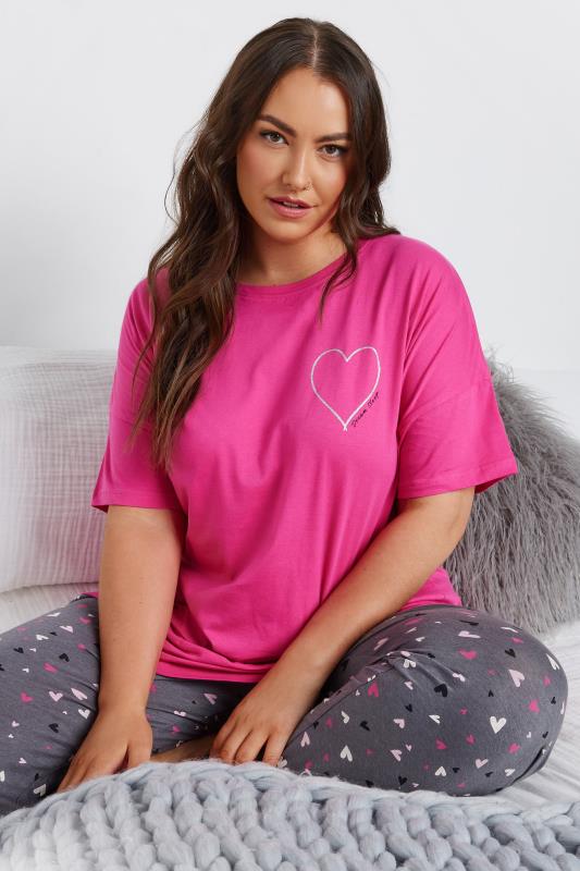 YOURS Plus Size Pink Glitter Heart Pyjama Top | Yours Clothing 1