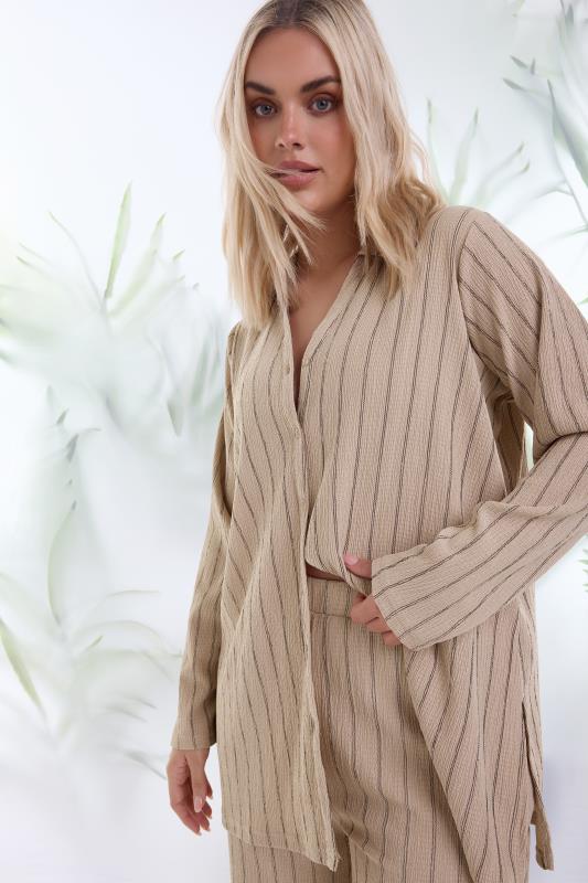 Plus Size  YOURS Curve Natural Brown Textured Pinstripe Shirt