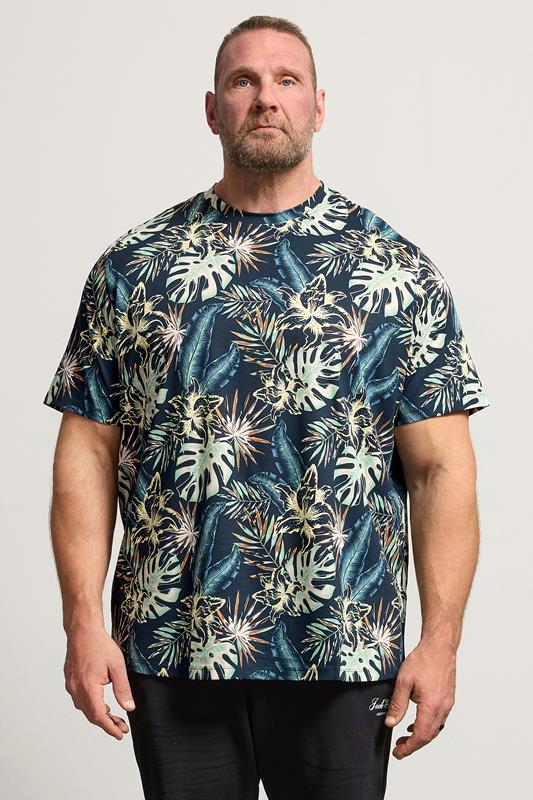 JACK & JONES Big & Tall Navy Blue Leaf Printed T-Shirt | BadRhino 1