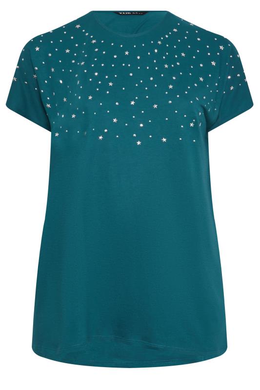 YOURS Plus Size Teal Blue Embellished Front T-Shirt | Yours Clothing 6