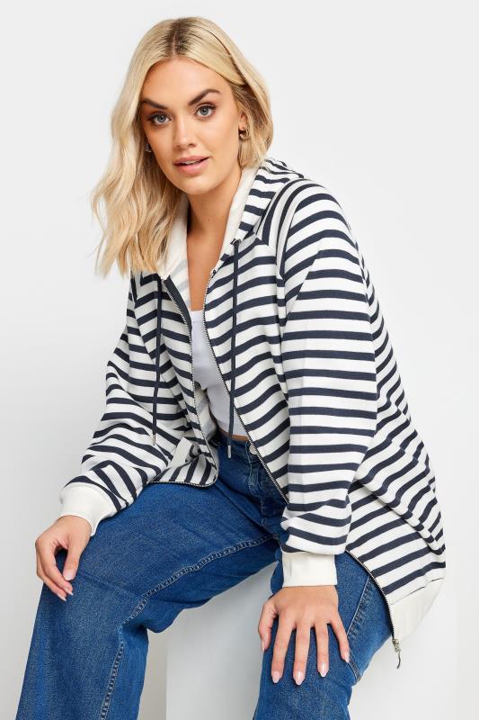 Plus Size  YOURS Curve White & Navy Blue Striped Zip Through Hoodie