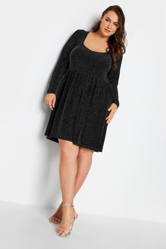 LIMITED COLLECTION Plus Size Black & Silver Glitter Sweetheart Neck Dress | Yours Clothing 2