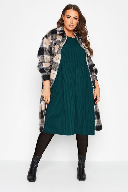Plus Size Forest Green Ribbed Smock Dress | Yours Clothing 2