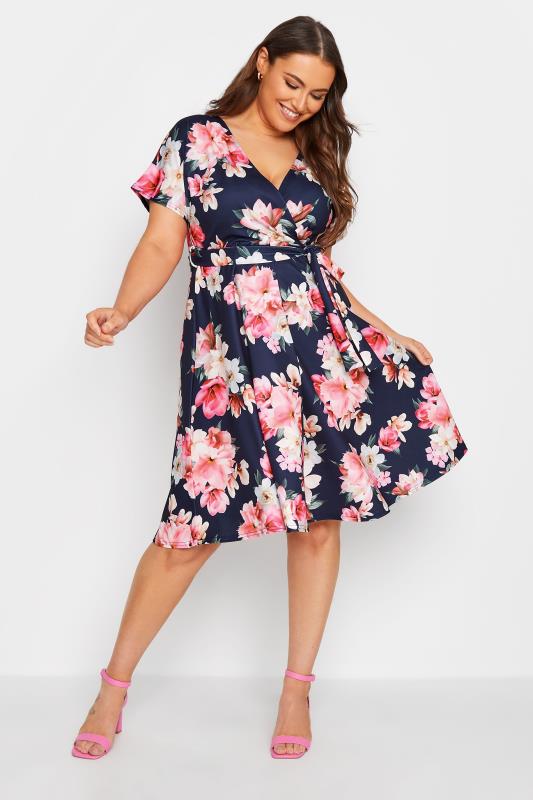 YOURS LONDON Curve Plus Size Navy Blue & Pink Floral Skater Wrap Dress | Yours Clothing 2