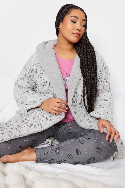 Yours Plus Size Light Grey Animal Print Hooded Dressing Gown | Yours Clothing 2