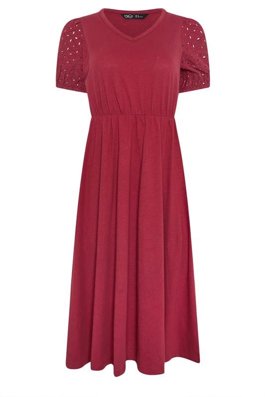 M&Co Petite Berry Red Broderie Sleeve Cotton Midi Dress | M&Co 5