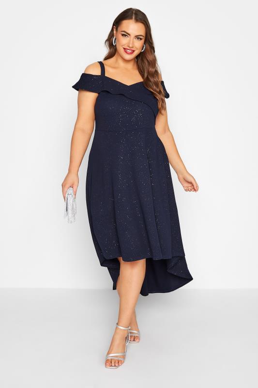  Grande Taille YOURS LONDON Curve Navy Blue Glitter High Low Bardot Dress