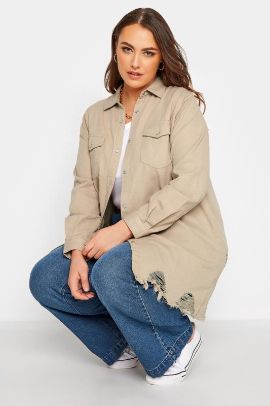 Plus Size Beige Brown Long Sleeve Distressed Denim Shirt | Yours Clothing  4