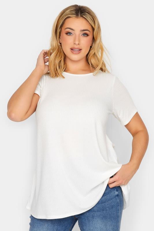YOURS Curve Plus Size White Ribbed Swing T-Shirt | Yours Clothing  1