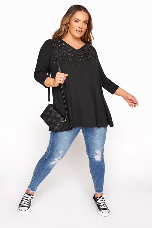Black Diamante Embellished Top | Yours Clothing 2