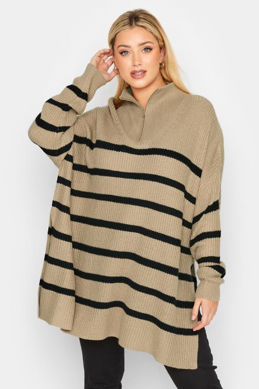 Plus Size  YOURS Curve Beige Brown Stripe Quarter Zip Knitted Jumper