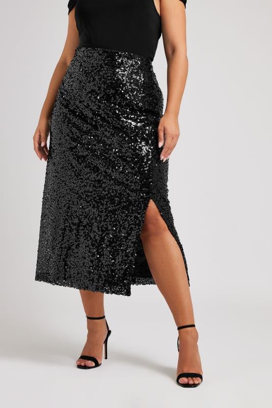 YOURS LONDON Plus Size Black Sequin Embellished Maxi Skirt | Yours Clothing  2