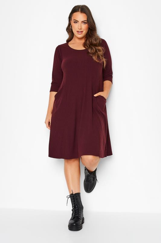  Grande Taille Curve Berry Red Ribbed Drape Pocket Dress