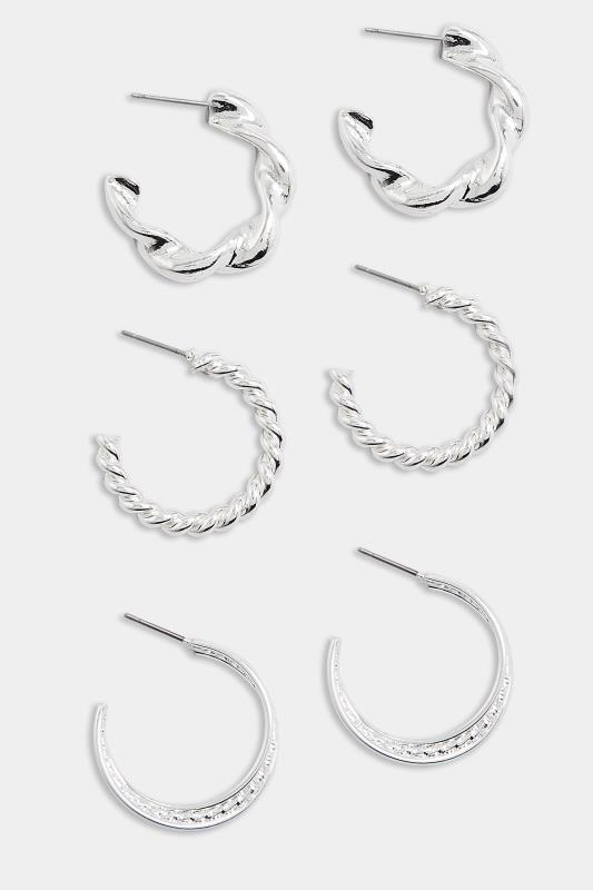 3 PACK Silver Tone Twisted Hoop Earring Set | Yours Clothing 3