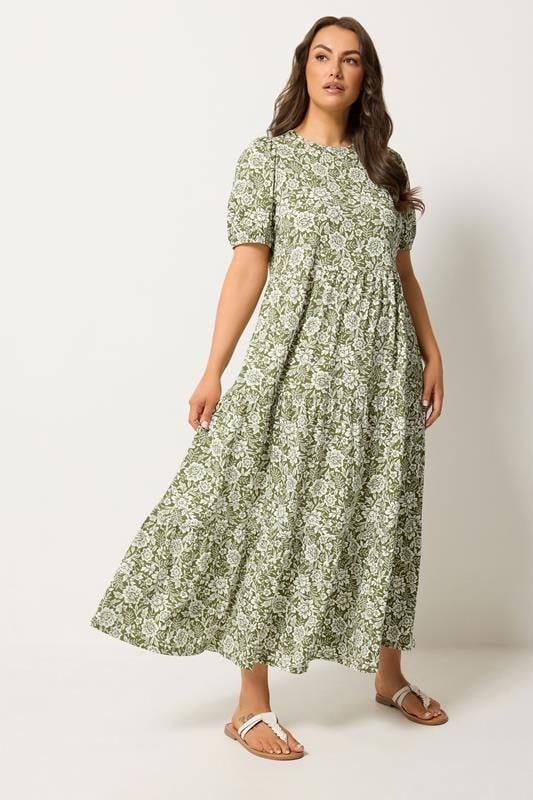 YOURS Plus Size Green Floral Tiered Maxi Dress | Yours Clothing 1