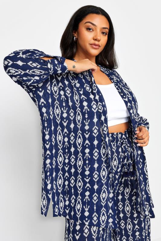  Tallas Grandes YOURS Curve Navy Blue Ikat Print Crinkle Beach Shirt