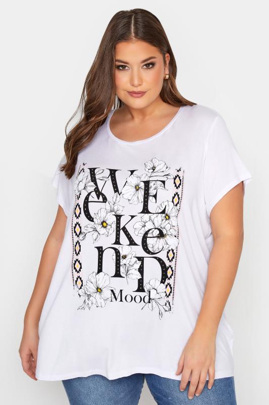 Grande Taille Curve White Floral 'Weekend Mood' Slogan T-Shirt