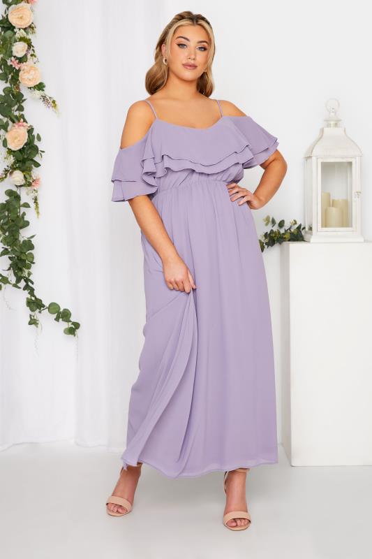 YOURS LONDON Curve Purple Bardot Ruffle Bridesmaid Maxi Dress 1