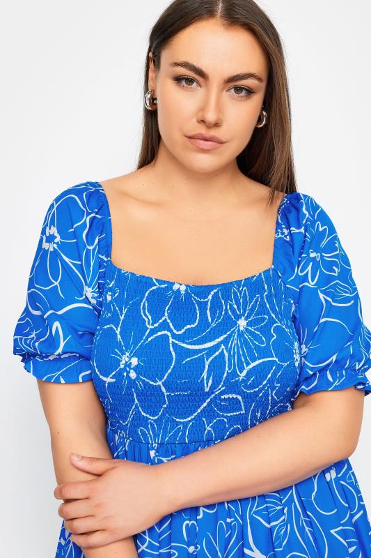 YOURS Plus Size Blue Floral Print Shirred Midaxi Dress | Yours Clothing 5