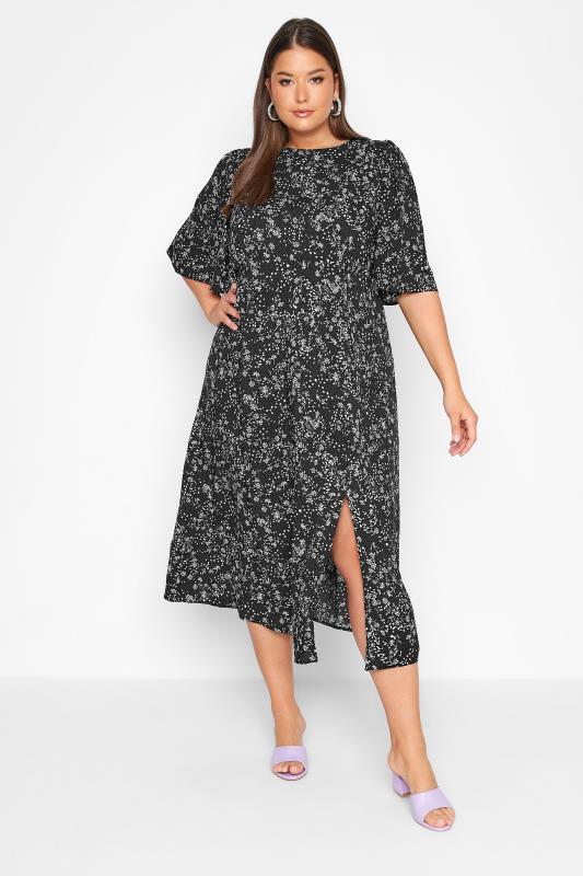 Plus Size Black Daisy Print Side Split Midi Dress | Yours Clothing 2