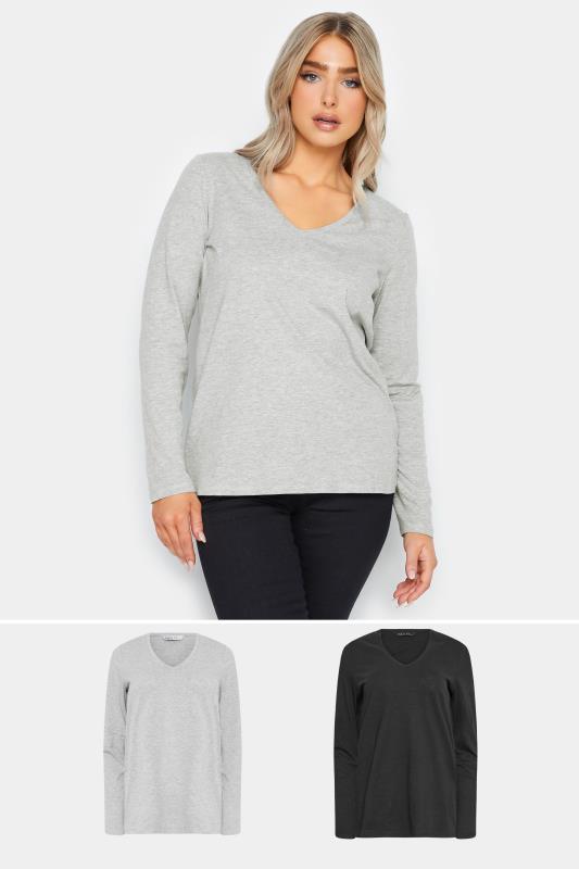 M&Co 2 PACK Grey & Black V-Neck Long Sleeve T-Shirts | M&Co 1