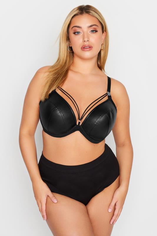 Plus Size Black Faux Leather Strap Detail Padded Underwired Plunge Bra | Yours Clothing 2