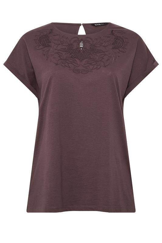 YOURS Plus Size Brown Broderie Anglaise Grown On Sleeve T-Shirt | Yours Clothing 5