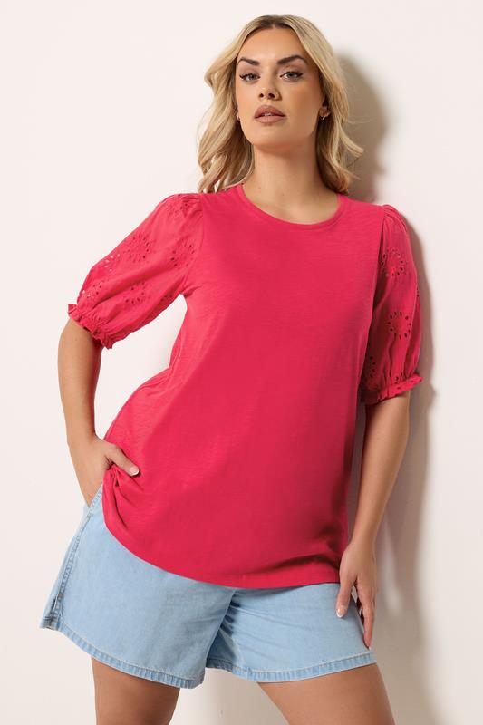  YOURS Rood T-shirt met broderie anglaise