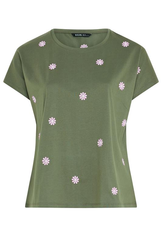 YOURS Plus Size Khaki Green Embroidered Daisy T-Shirt | Yours Clothing 5