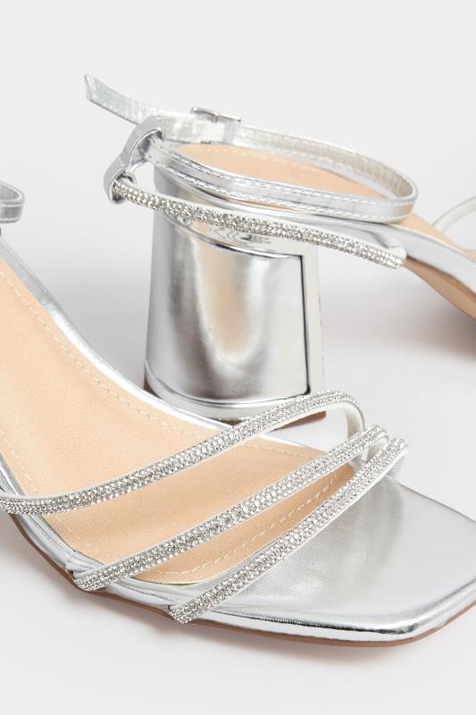 PixieGirl Silver Diamante Strap Mid Block Heel Sandals In Standard Fit | PixieGirl 5
