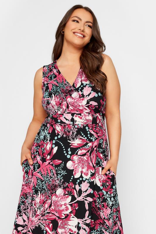 YOURS Plus Size Black & Pink Floral Print Wrap Maxi Dress | Yours Clothing 4