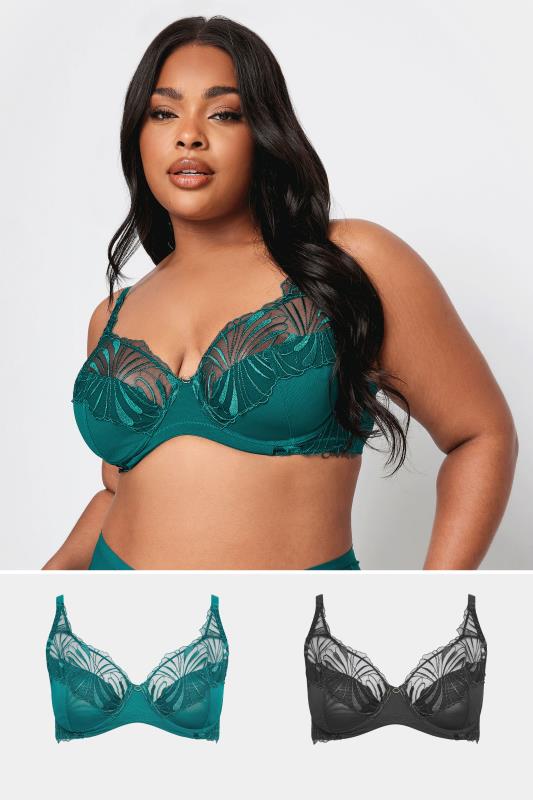  Grande Taille YOURS Curve 2 PACK Black & Green Leaf Embossed Non-Padded Bras