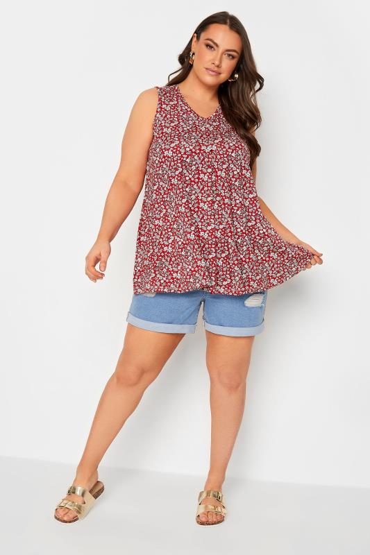 YOURS Plus Size Red Floral Print Pleat Front Vest Top | Yours Clothing 2