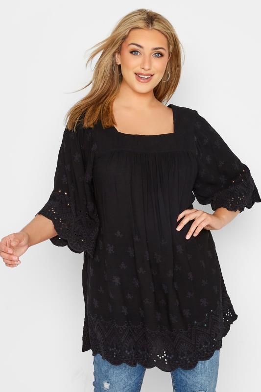  Grande Taille Curve Black Broderie Anglaise Square Neck Top
