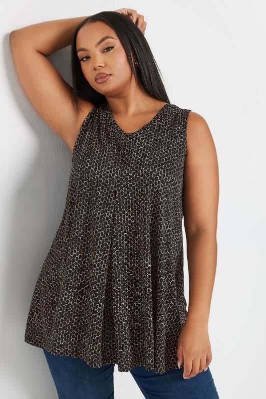 YOURS Plus Size Black Geometric Print Swing Vest Top | Yours Clothing  1