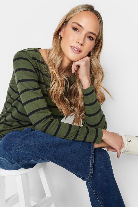 LTS Tall Women's Khaki Green Stripe Long Sleeve Cotton T-Shirt | Long Tall Sally 5