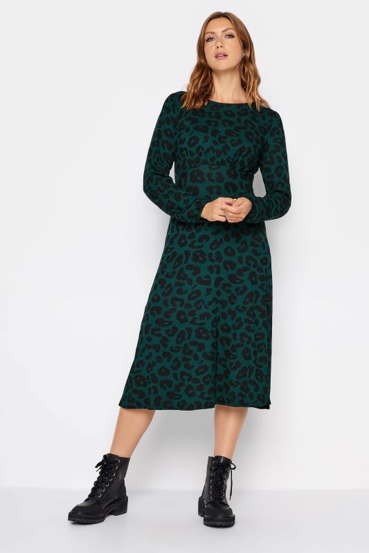  Tallas Grandes LTS Tall Green Long Sleeve Animal Print Midi Tea Dress
