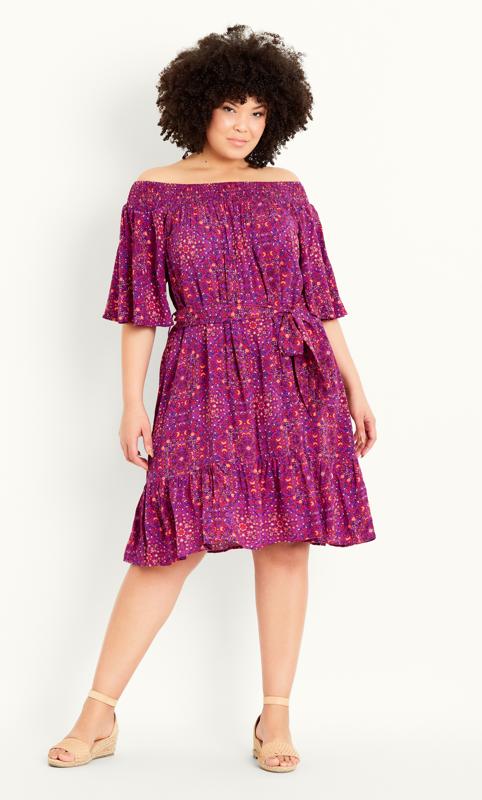 Plus Size  Evans Purple Tile Print Bardot Mini Dress