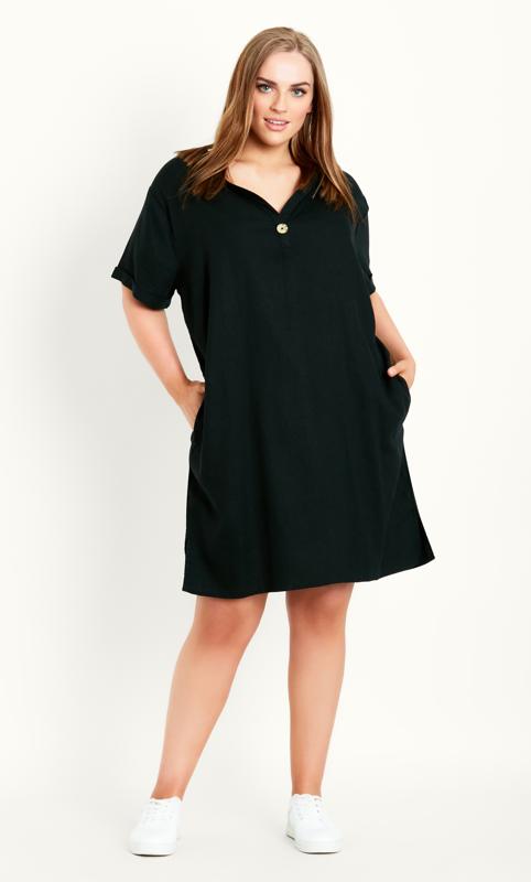 Black Linen Blend Short Sleeve Dress 1