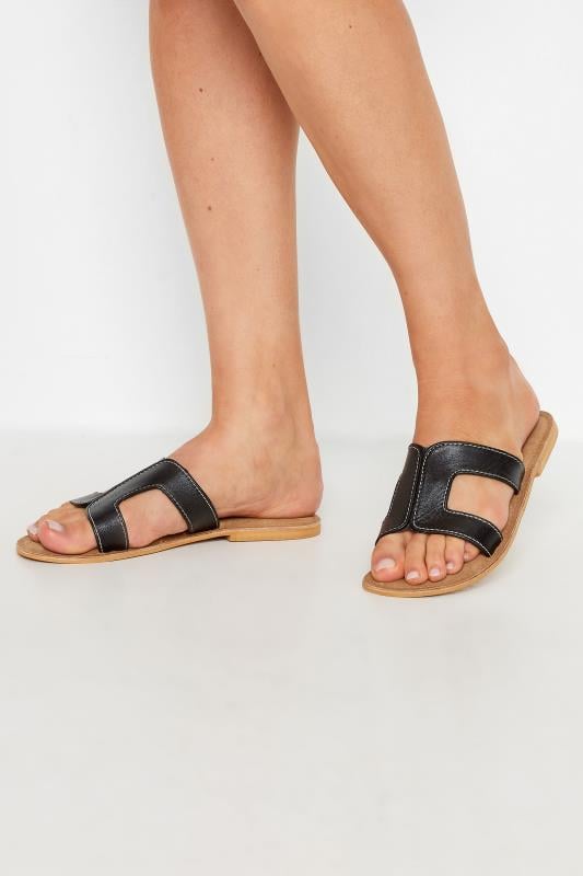  Grande Taille LTS Black Leather Cut Out Mule Sandals In Standard Fit