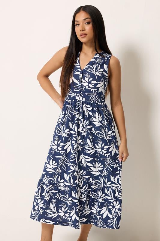  M&Co Petite Ärmelloses Baumwoll-Midikleid in Marineblau mit Blattmuster